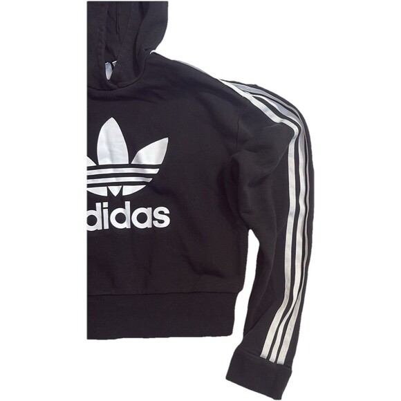 ADIDAS Originals Womens Sz L Black White Logo Cropped Hoodie Sweatshirt Pullover - Picture 4 of 11